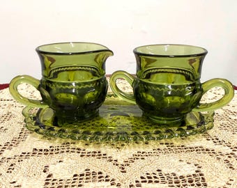 Indiana Glass CREAMER SUGAR Bowl And Tray, Kings Crown Thumbprint Pattern