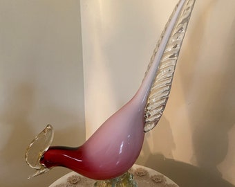 VINTAGE MURANO VENETIAN Glass Artistico Pheasant/Hand Blown/ 1950’s Made In Italy/ Cranberry/ Pink