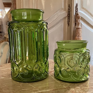 Vintage Le Smith Green Glass Canisters: Moon and Stars, Set of 2