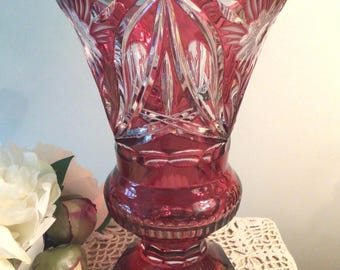 Etched Cranberry Crystal Vase: Diamond Cut German Bleikristall