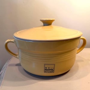 May include: A yellow ceramic casserole dish with a matching lid and two side handles. The front of the pot features a square black logo with the text WELL EQUIPPED KITCHEN printed inside. The design includes horizontal ridges along the body.