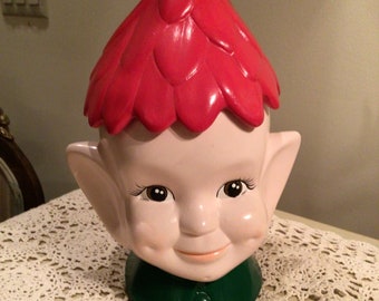 PIXIE ELF COOKIE Jar With Red Leaf Hat /Ceramic/Vintage