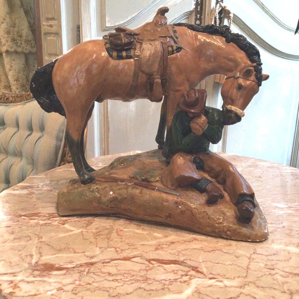 Table Top Art Sculpture Chalkware Statue HORSE And COWBOY Playing HARP Signed Cristina Arapis Purcell Oklahoma May 1984