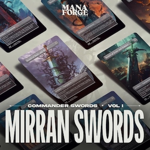 Paquete de 10 cartas de espadas de comandante + 1 carta de espada de Mirran + Placa de comandante, proxies MTG personalizados con arte completo