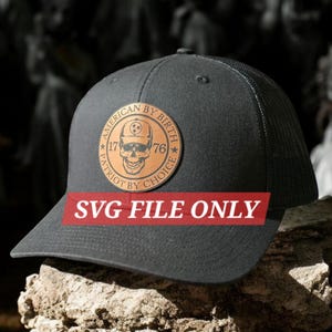 May include: Black trucker hat with a brown leather patch that says "American by Birth, Patriot by Choice" with a skull and crossbones graphic and the numbers 1776.
