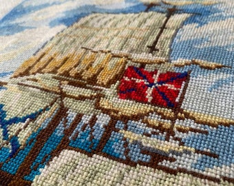 Finished completed cross stitch embroidery Frigate in the sea. Handmade embroidery. Interior decor. Gift idea. Finished needlework.