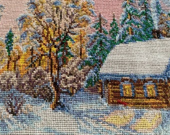 Handmade embroidery. Winter Village. Finished completed cross stitch embroidery Winter. Interior decor. Gift idea. Finished needlework.