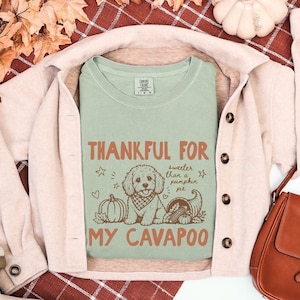 May include: A sage green t-shirt featuring a graphic of a Cavapoo dog wearing a bandana, a pumpkin, and a cornucopia. The text reads, "THANKFUL FOR" and "MY CAVAPOO" in orange, with "sweeter than a pumpkin pie" written in brown script.