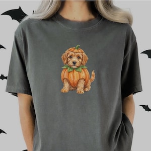 May include: A charcoal gray short-sleeve t-shirt featuring a central graphic of a golden-colored puppy wearing a pumpkin costume. The puppy has a green collar of leaves and a pumpkin-shaped body. The shirt is labeled as a Pepper t-shirt.