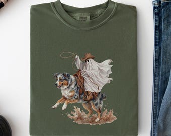 Australian Shepherd Halloween Shirt, Aussie Gifts, Funny Western Halloween, Aussie Mom Gifts, Cowboy Ghost Shirt, Aussie Lover Shirt