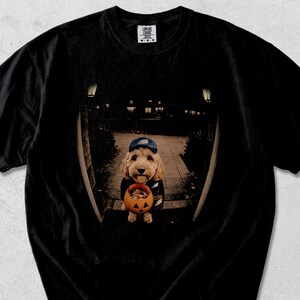 May include: A black short-sleeve t-shirt featuring a graphic print of a golden-colored dog wearing a blue baseball cap and holding an orange jack-o'-lantern candy bucket. The image is framed by a fisheye lens effect showing a dark porch.