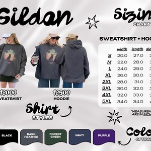 May include: Dark heather grey sweatshirt and hoodie with a graphic design. The image includes a sizing chart with measurements in inches, and color options: black, dark heather, forest green, navy, and purple.