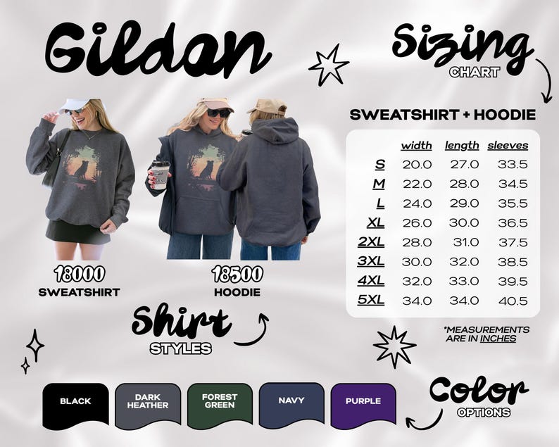 May include: Dark heather grey sweatshirt and hoodie with a graphic design. The image includes a sizing chart with measurements in inches, and color options: black, dark heather, forest green, navy, and purple.