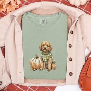 May include: A sage green short-sleeved t-shirt featuring a graphic of a golden-brown dog wearing a green and white checkered sweater sitting next to a light orange pumpkin. The shirt has a crew neckline and a Comfort Colors brand label at the neck.