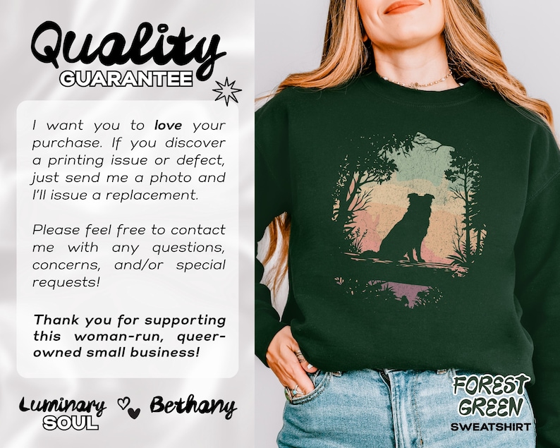 May include: Dark green sweatshirt with a dog silhouette in a forest design. The words "FOREST GREEN SWEATSHIRT" are printed at the bottom right. The image also includes the text "Quality GUARANTEE".