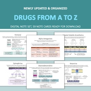 以下が含まれることがあります： 「Drugs From A to Z」というタイトルのデジタルノートセットで、ダウンロードできる59枚のノートカードがあります。カードには、フェンタニル、アルファ拮抗薬、ケタミンなど、さまざまな薬に関する詳細情報が図とテキストで表示されています。