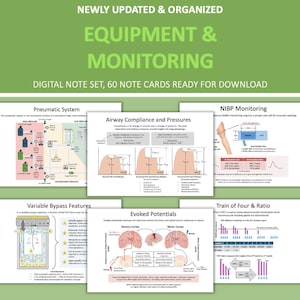 May include: A digital note set with the title "Equipment & Monitoring" featuring six note cards. The cards cover topics like the Pneumatic System, Airway Compliance, NIBP Monitoring, Variable Bypass Features, Evoked Potentials, and Train of Four & Ratio.
