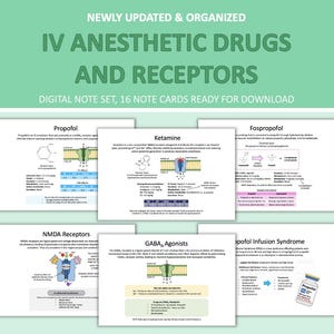 May include: A digital note set featuring 16 note cards on IV anesthetic drugs and receptors. The cards include information on Propofol, Ketamine, Fospropofol, NMDA Receptors, GABA Agonists, and Propofol Infusion Syndrome. The text is in a sans-serif font.