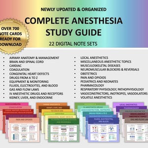 Può includere: Una guida allo studio digitale per l'anestesia, intitolata "Complete Anesthesia Study Guide", con oltre 700 schede pronte per il download. La guida copre 22 set di note digitali, inclusi argomenti come l'anatomia delle vie aeree e la farmacologia.