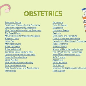 May include: An educational illustration on obstetrics. The image includes medical diagrams of a uterus, spine, and fetus, along with labeled medication vials and a list of obstetric topics such as labor, pregnancy, and fetal monitoring.