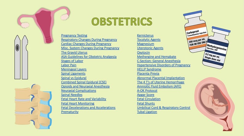 May include: An educational illustration on obstetrics. The image includes medical diagrams of a uterus, spine, and fetus, along with labeled medication vials and a list of obstetric topics such as labor, pregnancy, and fetal monitoring.