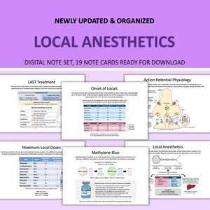 May include: A digital note set on a light purple background. The title reads "LOCAL ANESTHETICS" in large purple letters. The set includes 19 note cards with diagrams and text, covering topics like "LAST Treatment", "Onset of Locals", and "Action Potential Physiology".
