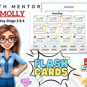 May include: A set of colorful flash cards with the title "Math Mentor Molly Key Stage 3 & 4" and the word "Rounding" on the cards. The cards feature various numbers and questions about rounding to the nearest thousand, hundred, ten, and pound.
