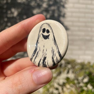 Clay Worry Stone, ceramic fidget toy, thumb stone, worry stone, glaze transfer paper, ceramic ghost, clay ghost, black and white spooky