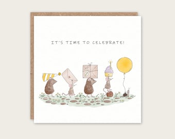 Carte de fête des animaux des bois - Jolie carte d'anniversaire, illustration de souris et de hérisson