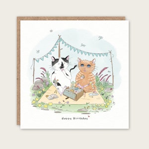 Cat Picnic Birthday Card – Cute Birthday Card, Cat Illustration