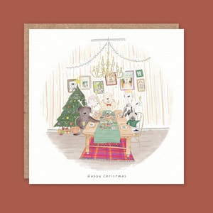 Biglietto per cena di Natale con cani – Biglietto di Natale carino, illustrazione di cane