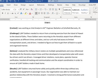 May include: A document with the title "STAR 5" and text describing a situation where an Intel Analyst had to coordinate the return of 1,047 soldiers from a training exercise on the island of Hawaii to the island of Oahu.