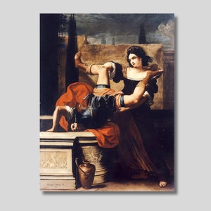 May include: A painting depicting a woman helping a man who is lying on a stone ledge. The woman is wearing a dark dress and the man is wearing a red and blue tunic. The painting is set against a backdrop of a city skyline.
