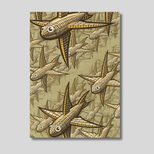 May include: A repeating pattern of stylised flying fish in shades of brown and gold on a beige background. The fish have large eyes and are arranged in a seemingly endless pattern.