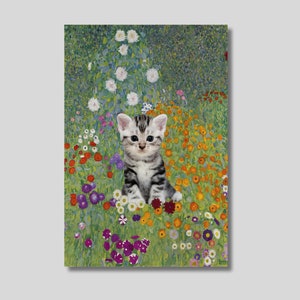 Tela de arte de gato estilo Klimt: impressão de jardim floral