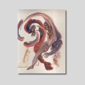 May include: Abstract painting featuring swirling, colourful shapes in shades of red, blue, and purple. A figure with a halo is depicted in the bottom left corner.