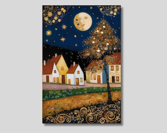 Gustav Klimt Art Print: Village at Night, Moon & Stars Canvas