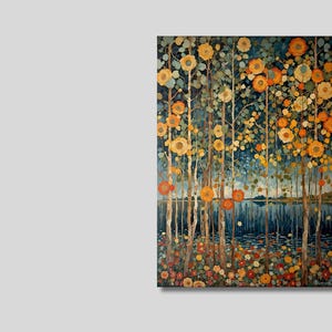 Arte murale su tela autunnale in stile William Morris, decorazione rustica della foresta autunnale, arte botanica vintage, poster floreale, stampa di laghi e alberi, regalo