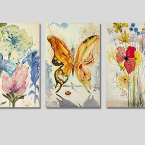 Lot de 3 oeuvres d'art murales en toile Salvador Dali, affiche papillon Vénus, impression fleurs Dali, oeuvre d'art de Dali, décoration florale, art tendance, cadeau déco maison