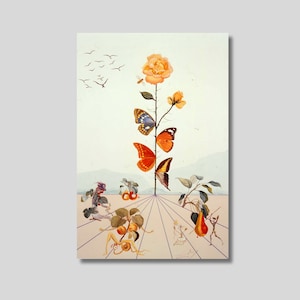 Impresión en lienzo de la rosa con mariposas de Salvador Dalí, lienzo de Salvador Dalí, arte de flores de Dalí, carteles florales, impresión de póster de flores de Dalí