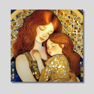 グスタフ・クリムト風の母と娘のキャンバス壁アート、母と子のプリント、母性プリント、奥様への贈り物、お母様への贈り物