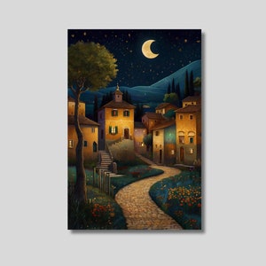 Klimt inspiriertes Dorf bei Nacht Druck, Gustav Klimt Kunstdruck, Klimt Wandkunst, Dorflandschaft Poster, Magischer Himmel und Mond Leinwand