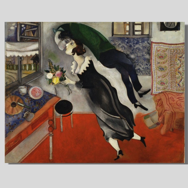 Marc Chagall Canvas Wall Art, The Birthday The Kiss Exhibition Poster, Modern Framed Canvas Wall Art, Surrealism Decor Art, Modern Canvas