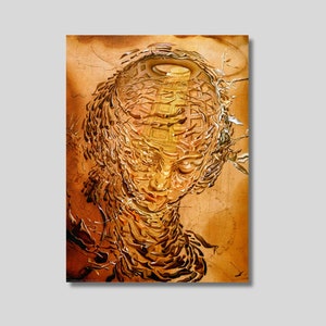 May include: Abstract painting of a face with a golden and brown color scheme. The face is surrounded by swirling lines and shapes, creating a sense of depth and movement.