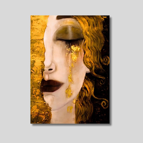 Gustav Klimt Golden Tears Canvas, Cartel de lienzo de Freyas Tears, Exposición del Museo Klimt, Impresión de arte de pared envuelta en galería, Regalo del Día de la Madre
