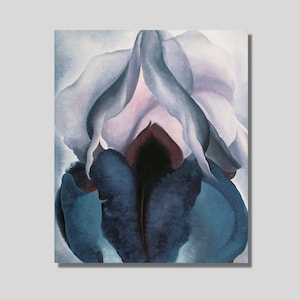 May include: A close-up of a blue and purple abstract painting of an iris flower. The flower is depicted in a stylized way, with its petals forming a series of overlapping curves and shapes.