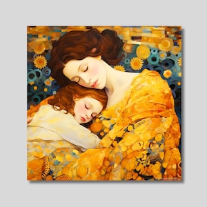 グスタフ・クリムト風の母と子のキャンバス、母と娘のプリント、クリムトのアートワーク、母性プリント、母親への贈り物、妻への贈り物