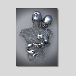 Love Heart Canvas: Silver Couple Hugging 3D Effect Wall Art