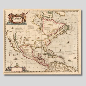 Impression sur toile ancienne carte de l'Amérique, carte de l'Amérique septentrionalis de 1641, carte ancienne des Etats-Unis, carte vintage de l'Amérique, carte vintage de l'Amérique du Nord