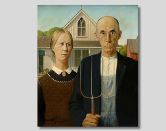 May include: A painting of a couple standing in front of a house. The man is wearing a dark jacket, overalls, and glasses. The woman is wearing a brown dress with a white collar. They are holding a pitchfork.